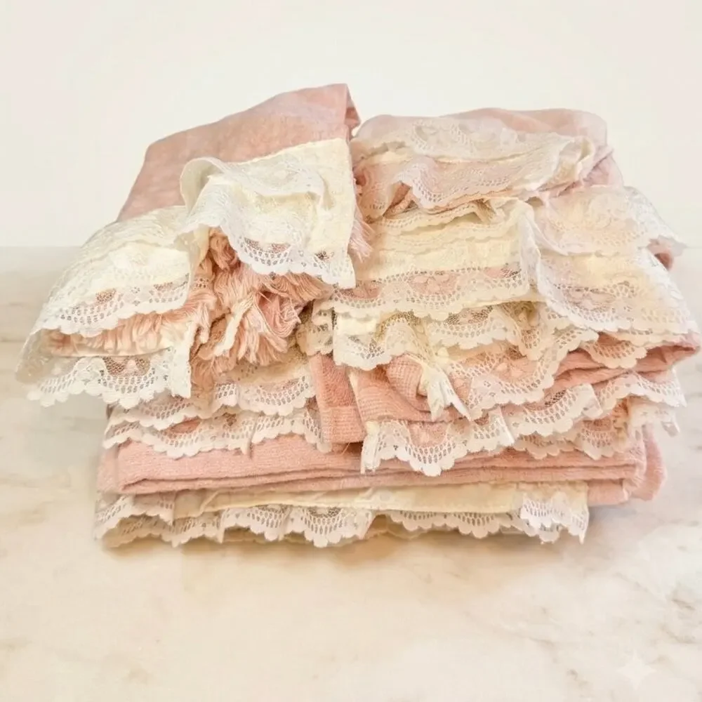 Vintage Dusty Pink Ruffled Lace Towel Set 8 Pc Bath Hand Washcloth Avanti